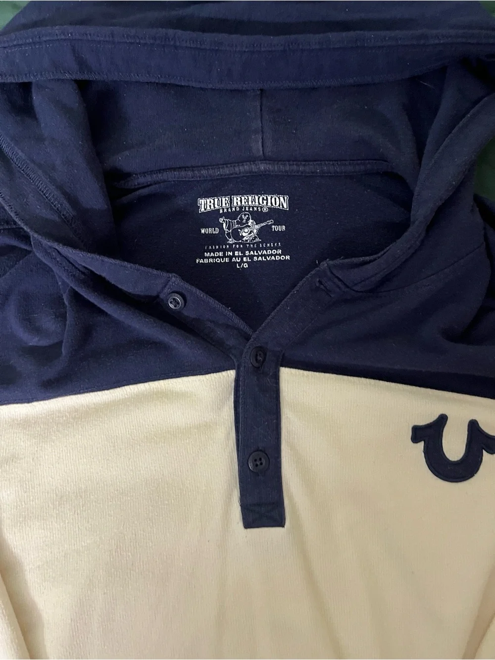 True Religion Men’s Two-Tone Navy and Cream Hooded Sweater